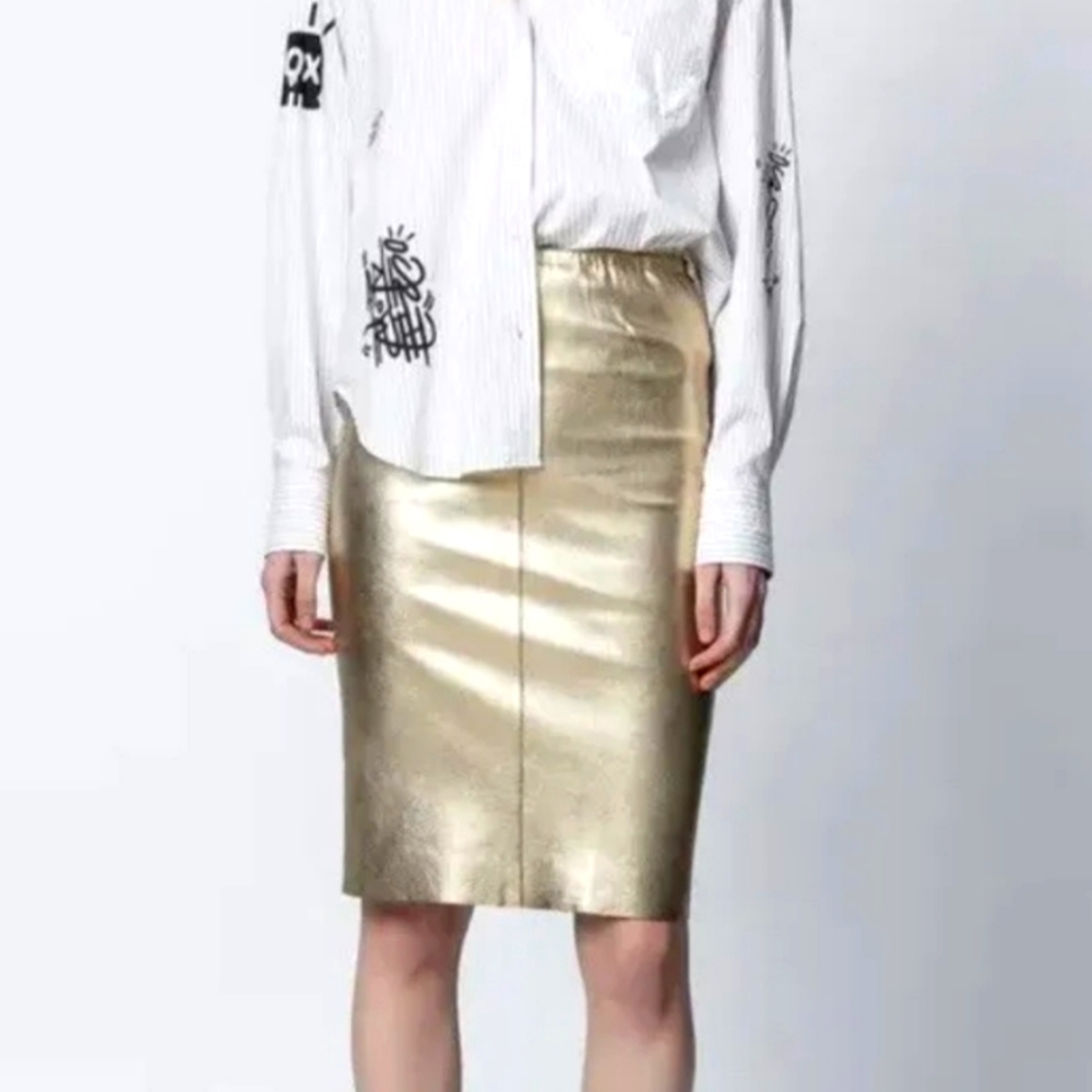 SALE! NWT ZADIG & VOLTAIRE METALLIC GOLD LEATHER SKIRT SIZE 36 (L) $898